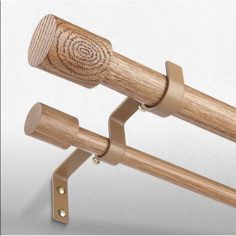 Wood Double Curtain Rod, Boho Decorative Dual Curtain Rod 30-120 In 1 In...